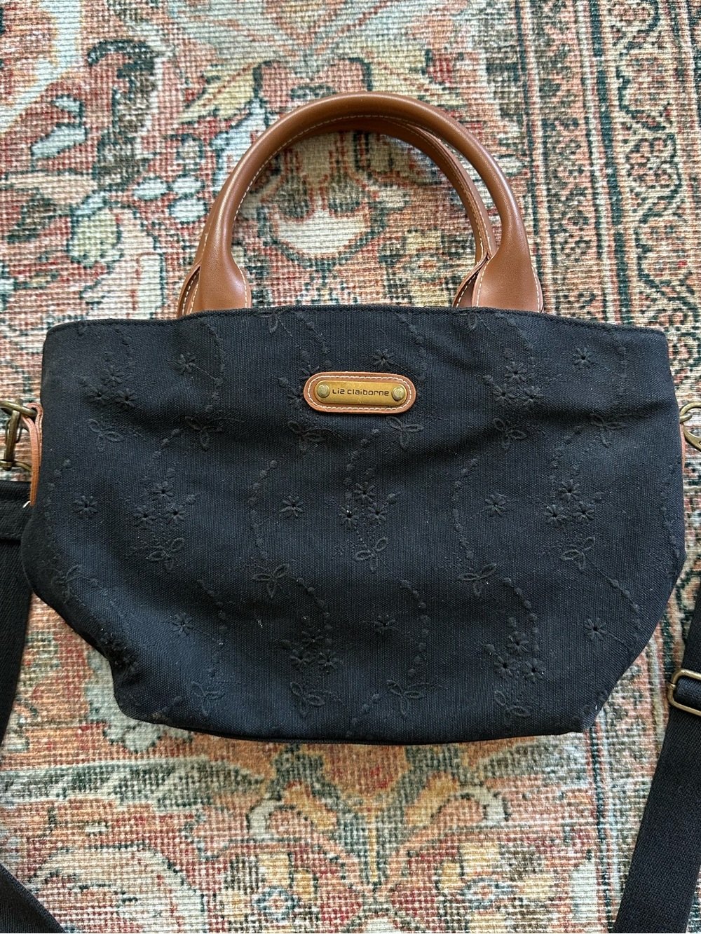 Liz Claiborne Black Embroidered Shoulder Tote with Brown Handles
